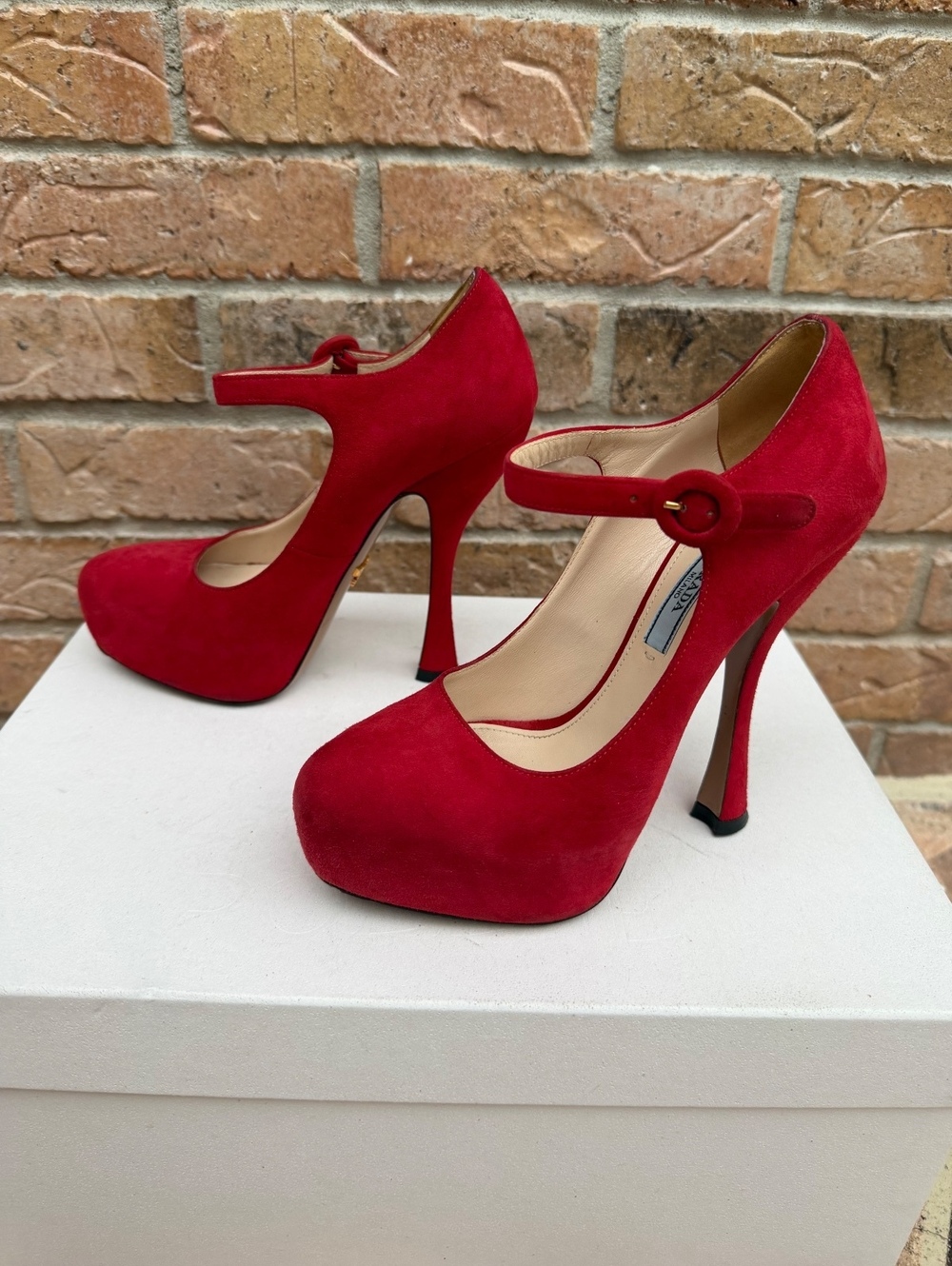 Prada Red Suede Mary Jane Pumps 6.5 Stiletto Heels Made in Italy